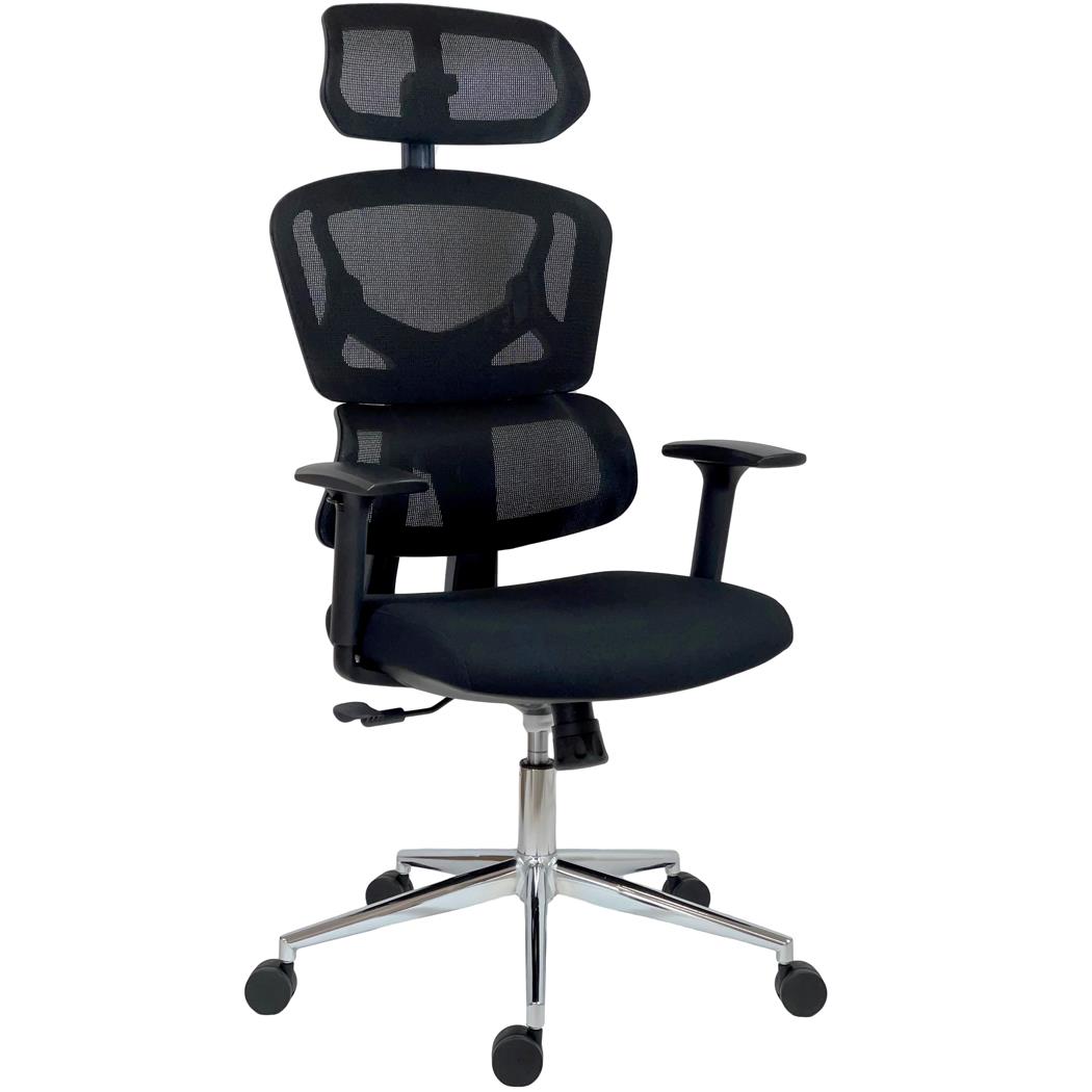 DEMO# Ergonomischer Bürostuhl SYDNEY, maximale Ergonomie, verchromtes Metallgestell, Netz- und Stoffbezug, Farbe Schwarz