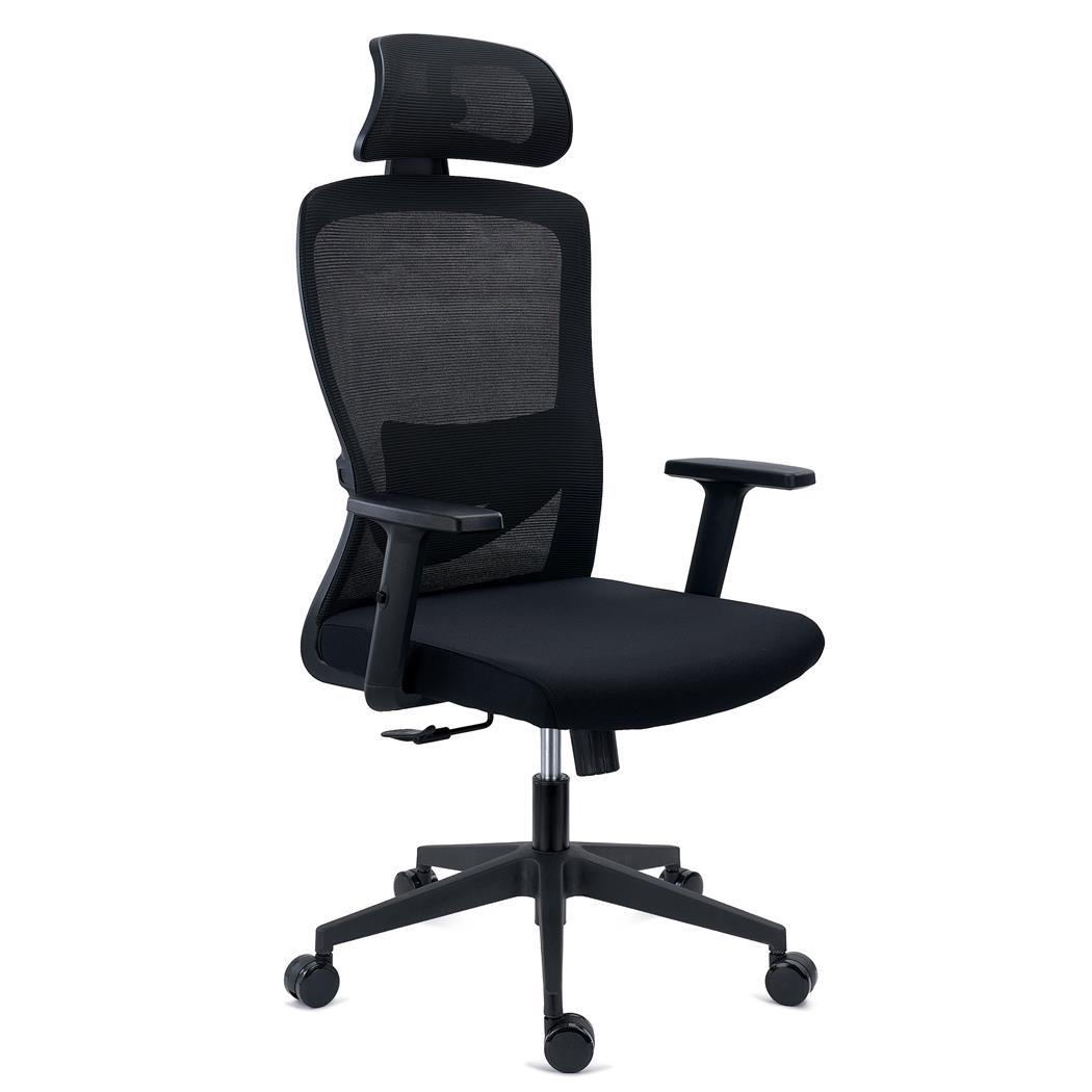 Ergonomischer Bürostuhl NOTE PRO, 8h Nutzung, verstellbare Lordosenstütze, Kopfstütze,  Netzstoff und Stoff, Schwarz