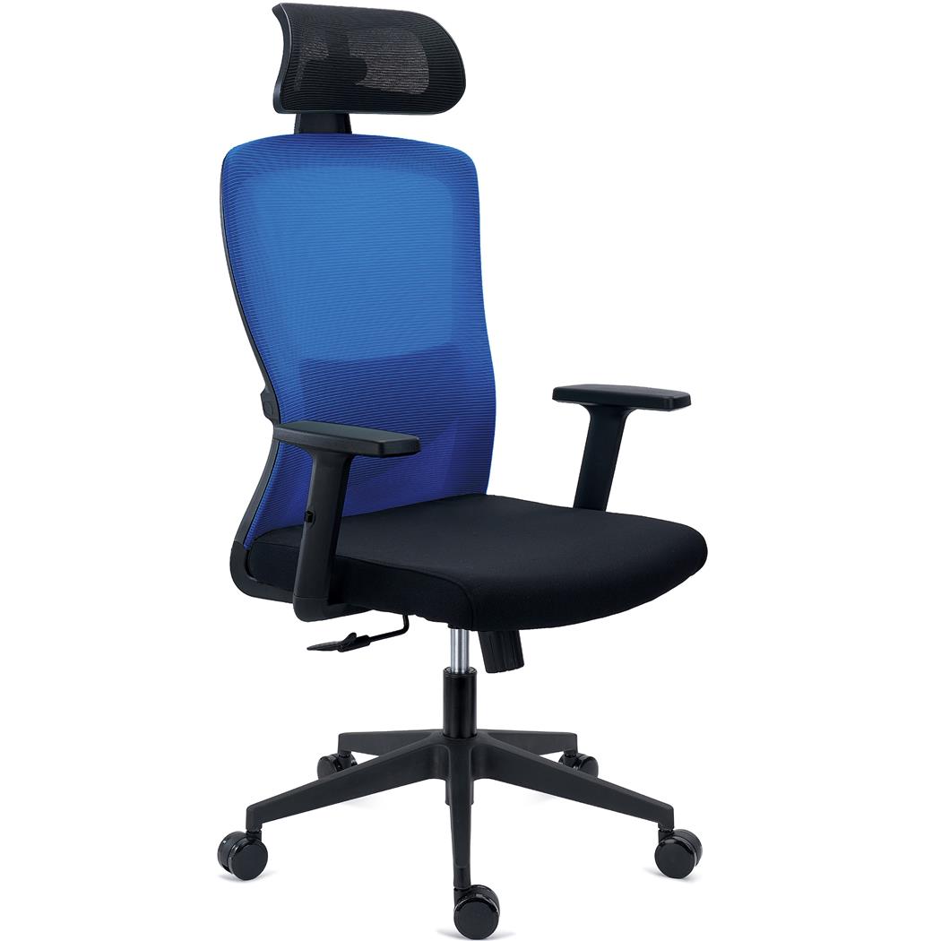 Ergonomischer Bürostuhl NOTE PRO, 8h Nutzung, verstellbare Lordosenstütze, Kopfstütze,  Netzstoff und Stoff, Blau