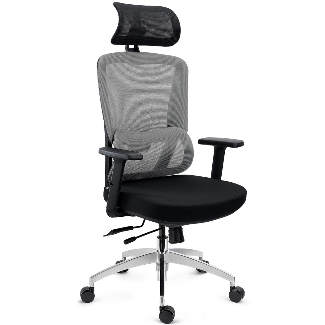 Ergonomischer Bürostuhl SUPRA MAX mit Kopf- und Lordosenstütze, 3D-Armlehnen, tiefenverstellbarer Sitz, Farbe Grau