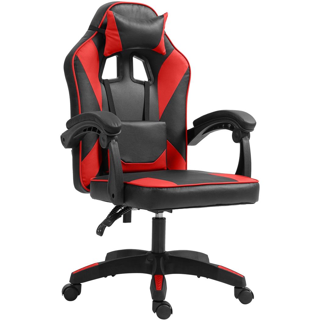 Gaming Stuhl TESCO, mit Lordosen- und Nackenkissen, Kunstleder, Farbe Schwarz und Rot