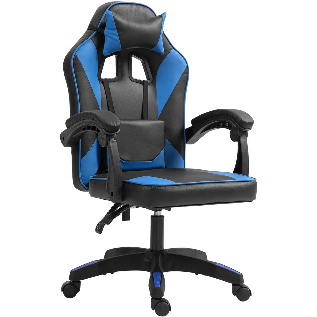 Gaming Stuhl TESCO, mit Lordosen- und Nackenkissen, Kunstleder, Farbe Schwarz und Blau