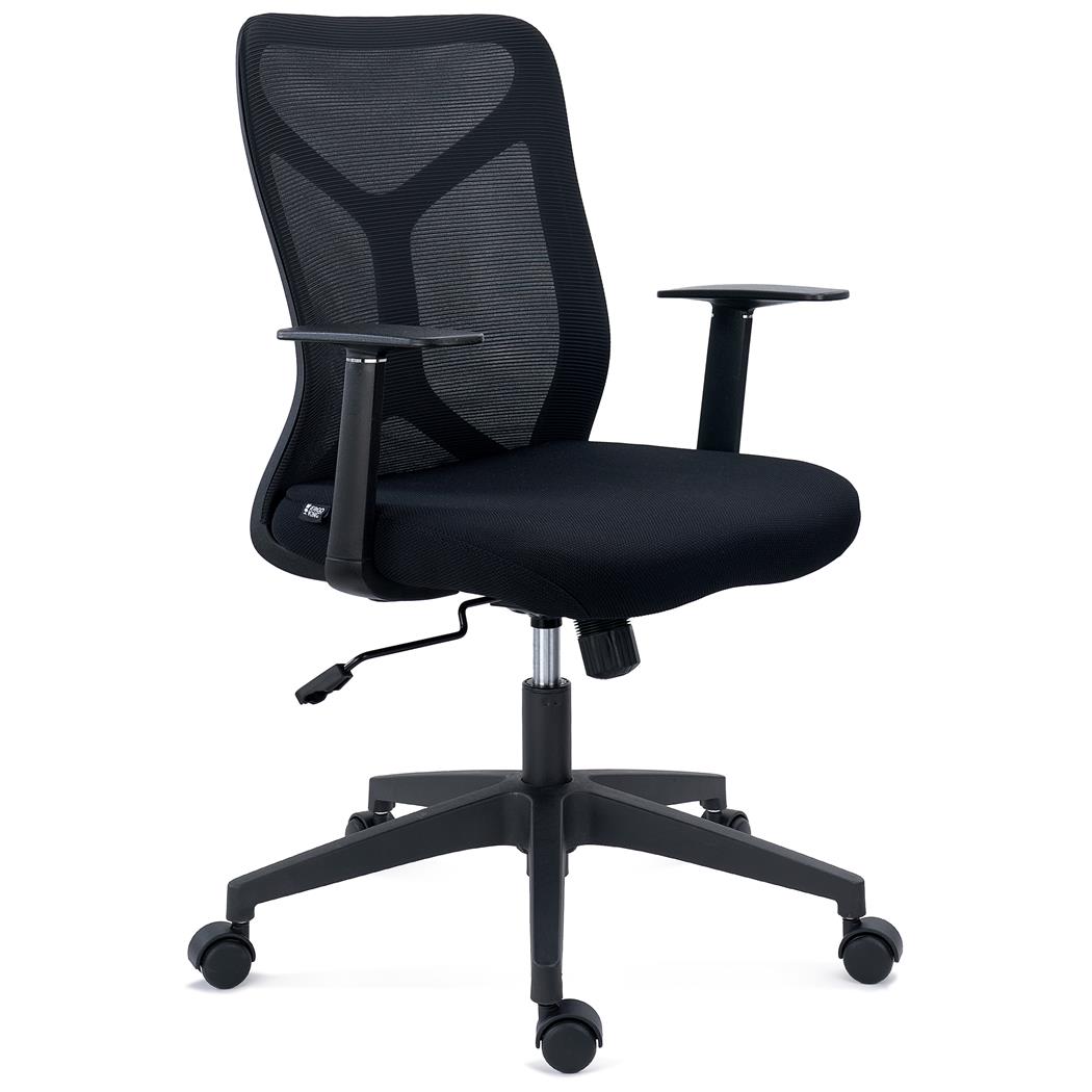 DEMO# Ergonomischer Bürostuhl GINGER, Wippmechanik, robust und vielseitig, mit Stoff und Netzstoff, Farbe Schwarz