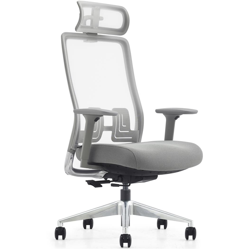 Ergonomischer Bürostuhl EVORA, komfortable, exklusives Design, Kopfstütze, Details aus Aluminium, Netzstoff, Grau