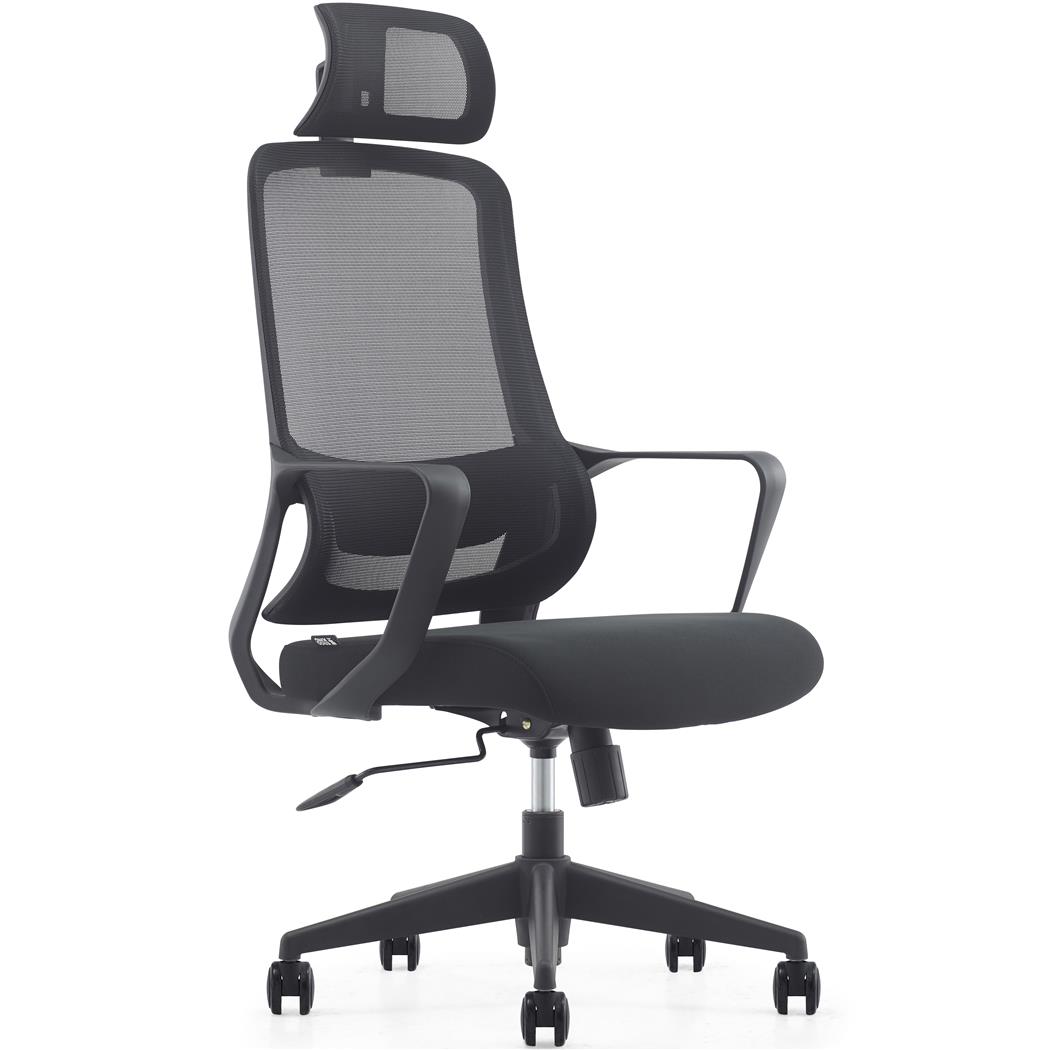DEMO# Ergonomischer Bürostuhl LUNA, Kopfstütze, Lordosenstütze, Netzstoff und Stoff, Schwarz