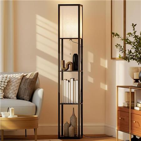 Büroleuchte TALIA, Stehlampe integriert in Regal mit 3 Ablagen, Holz, Farbe Schwarz