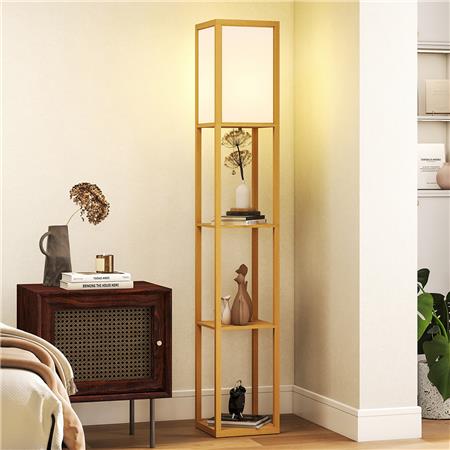 Büroleuchte TALIA, Stehlampe integriert in Regal mit 3 Ablagen, Holz, Farbe Natur