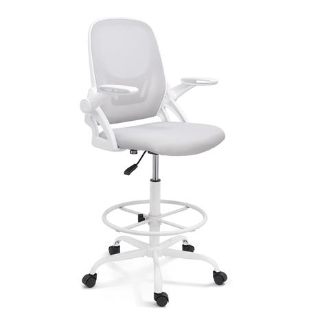Bürohocker GEAR, klappbare Armlehnen, Fußring, weißes Gestell, Stoffbezug Farbe Grau