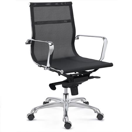 Bürostuhl DOMI, verchromtes Metallgestell, elegantes Design, mittelhohe Rückenlehne, Netzbezug, Farbe Schwarz