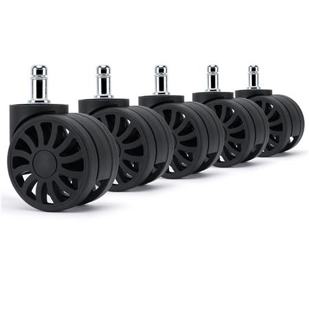 5er Set Teppichbodenrollen H3 für Büro- und Gamingstühle, 11 x 50 mm, Speichen-Design, Schwarz