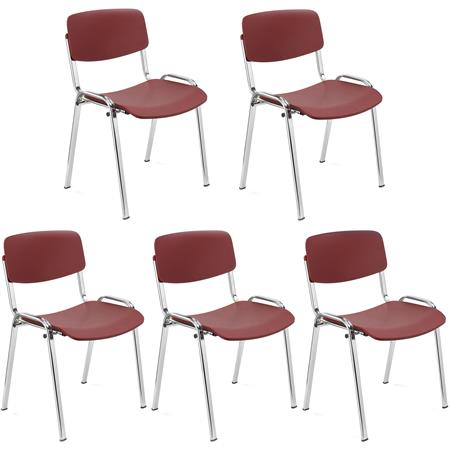 5er Set Konferenzstuhl MILKY, schönes schlichtes Design, stapelbar, verchromte Stuhlbeine, Kunststoff, Farbe Burgund