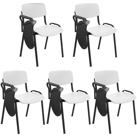 5er Set Konferenzstuhl MILKY mit Schreibbrett, schönes schlichtes Design, stapelbar, schwarze Stuhlbeine, Kunststoff, Farbe Weiß
