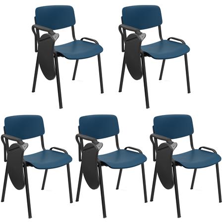 5er Set Konferenzstuhl MILKY mit Schreibbrett, schönes schlichtes Design, stapelbar, schwarze Stuhlbeine, Kunststoff, Farbe Blau