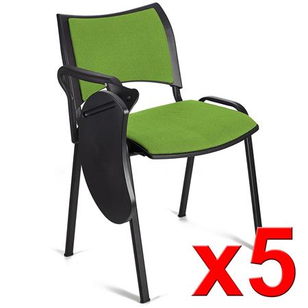 Im 5er-Set: Besucherstuhl ROMEL MIT SCHREIBBRETT, bequeme Polsterung, stapelbar, schwarze Stuhlbeine, Farbe Limettengrün