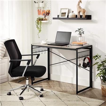 Bürotisch GANTON, Abmessungen 100x50x76,5 cm, Industrielles Design, zusammenklappbar, Metall mit Holz, Farbe Schwarz/ Natur Grau