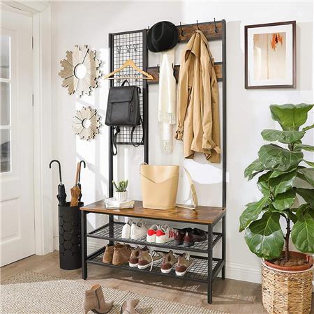 Garderobenständer KATLYN, 98x40x185 cm, mit Sitzbank und Fachböden, industrielles Design, Metall und Holz, Farbe Rustik