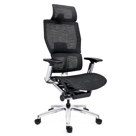 DEMO# Ergonomischer Bürostuhl ERGOPLUS mit Kopfstütze, höhenverstellbare Rückenlehne mit Lordosenstütze, Metallstruktur, Farbe Schwarz