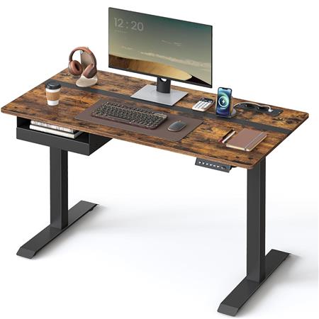 Höhenverstellbarer Schreibtisch EVEREST, 120x60cm, Schublade, Metallgestell, Walnuss und Schwarz