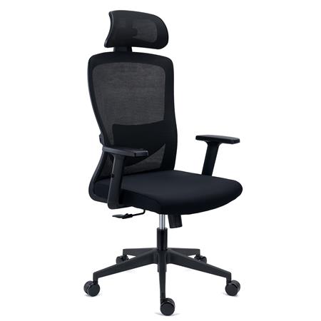Ergonomischer Bürostuhl NOTE PRO, 8h Nutzung, verstellbare Lordosenstütze, Kopfstütze,  Netzstoff und Stoff, Schwarz