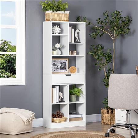 Büroregal TIMBERLI, Maße 60x26x158cm, mit Schublade und mehreren Regalböden, MDF-Holz, Farbe Weiß