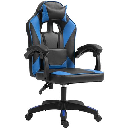 Gaming Stuhl TESCO, mit Lordosen- und Nackenkissen, Kunstleder, Farbe Schwarz und Blau