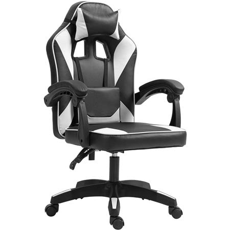 Gaming Stuhl TESCO, mit Lordosen- und Nackenkissen, Kunstleder, Farbe Schwarz und Weiß