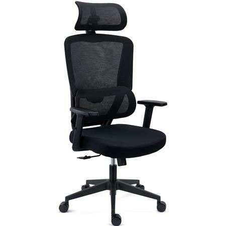 DEMO# Ergonomischer Bürostuhl SUPRA mit Kopf- und Lordosenstütze, Netzstoff-Rückenlehne, Farbe Schwarz