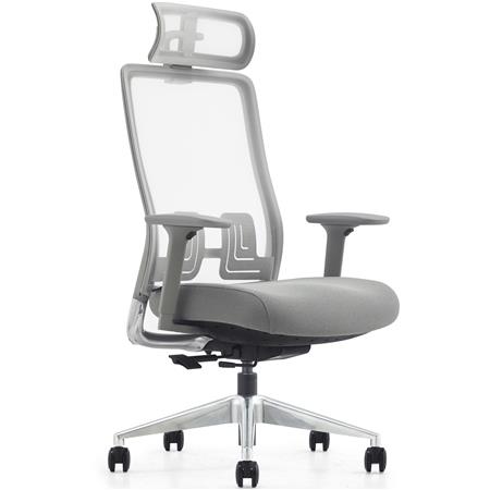 Ergonomischer Bürostuhl EVORA, komfortable, exklusives Design, Kopfstütze, Details aus Aluminium, Netzstoff, Grau